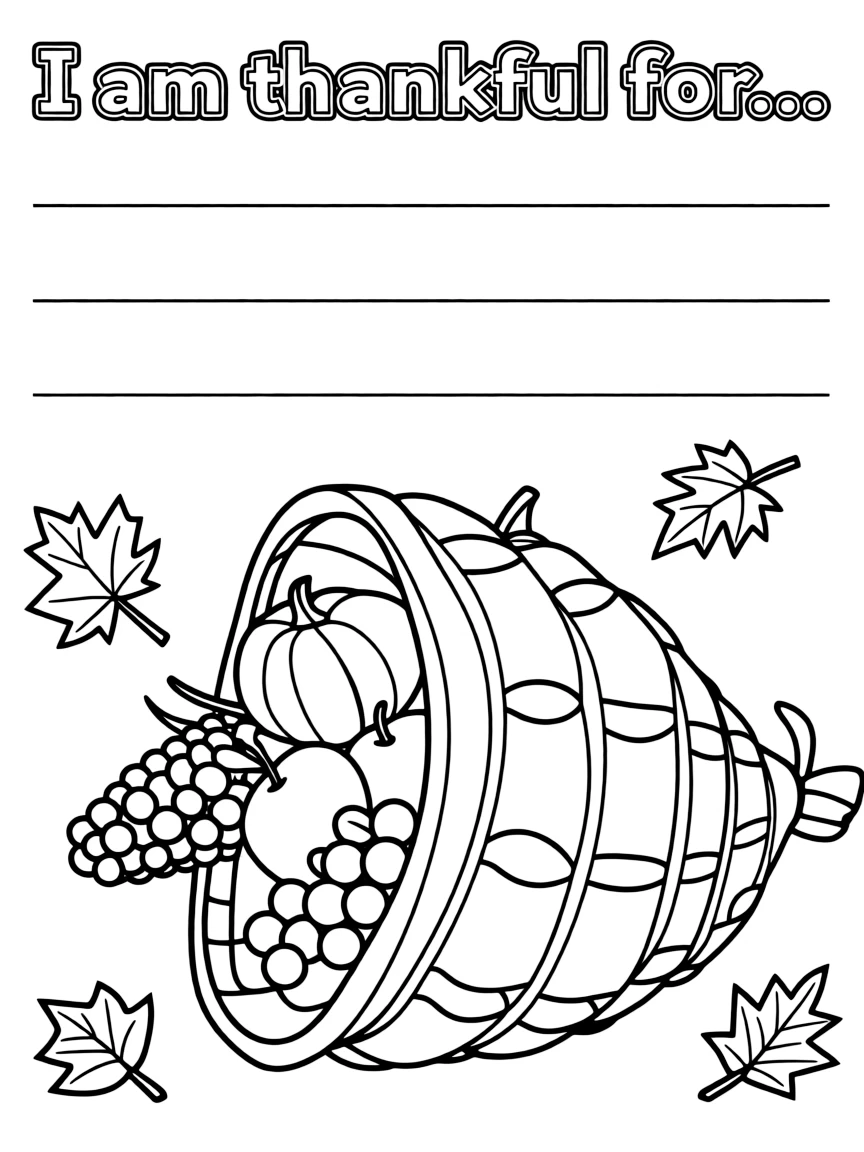 "I am thankful" coloring page. A cornucopia or harvest basket, with "I am thankful for..." text and blank lines. Include autumn leaves. Black and white line art.