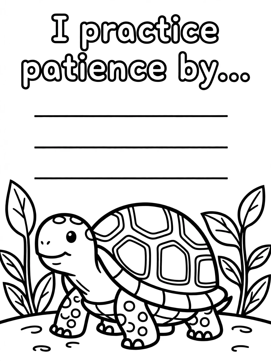"I am patient" coloring page. A tortoise or a slow-growing plant, with "I practice patience by..." text and blank lines. Include gentle lines. Black and white line art.
