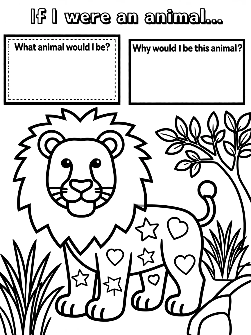 "If I were an animal..." coloring page. An outline of an animal (e.g., lion, bird, fish) with blank spaces to describe what animal they'd be and why. Include habitat elements. Black and white line art.