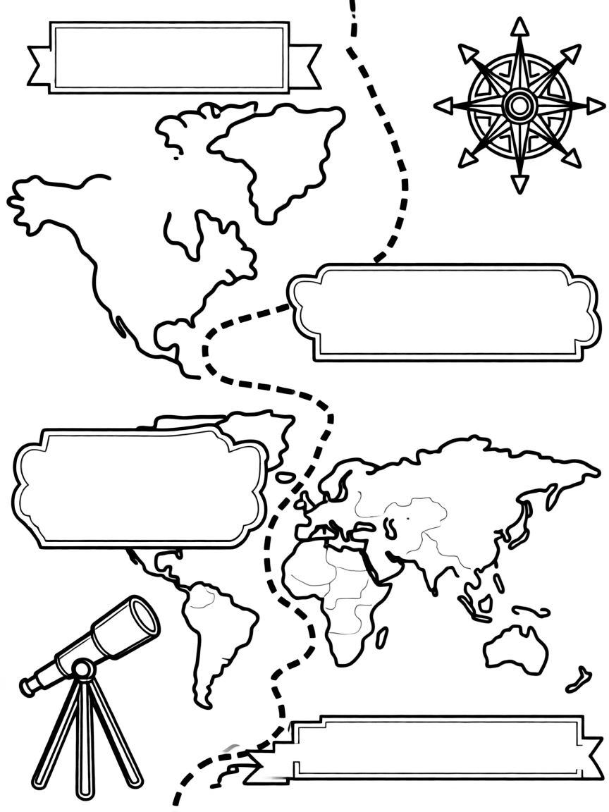 "My Dream Adventure" coloring page. A blank map with dotted lines for a path, and spaces to draw or write about an adventure. Include compass and telescope. Black and white line art.