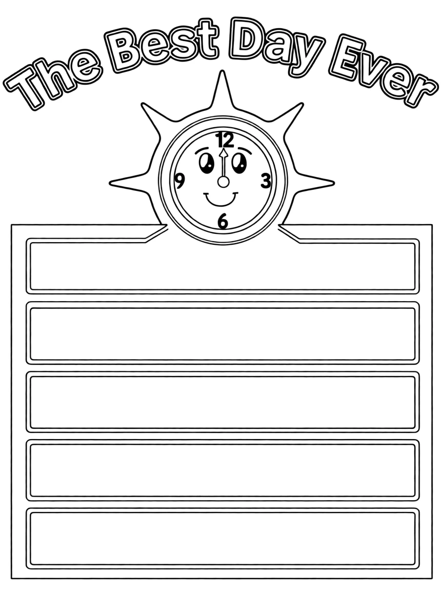 "The Best Day Ever" coloring page. A blank timeline or series of blank frames for drawing or writing about a perfect day. Include a clock or sun. Black and white line art.