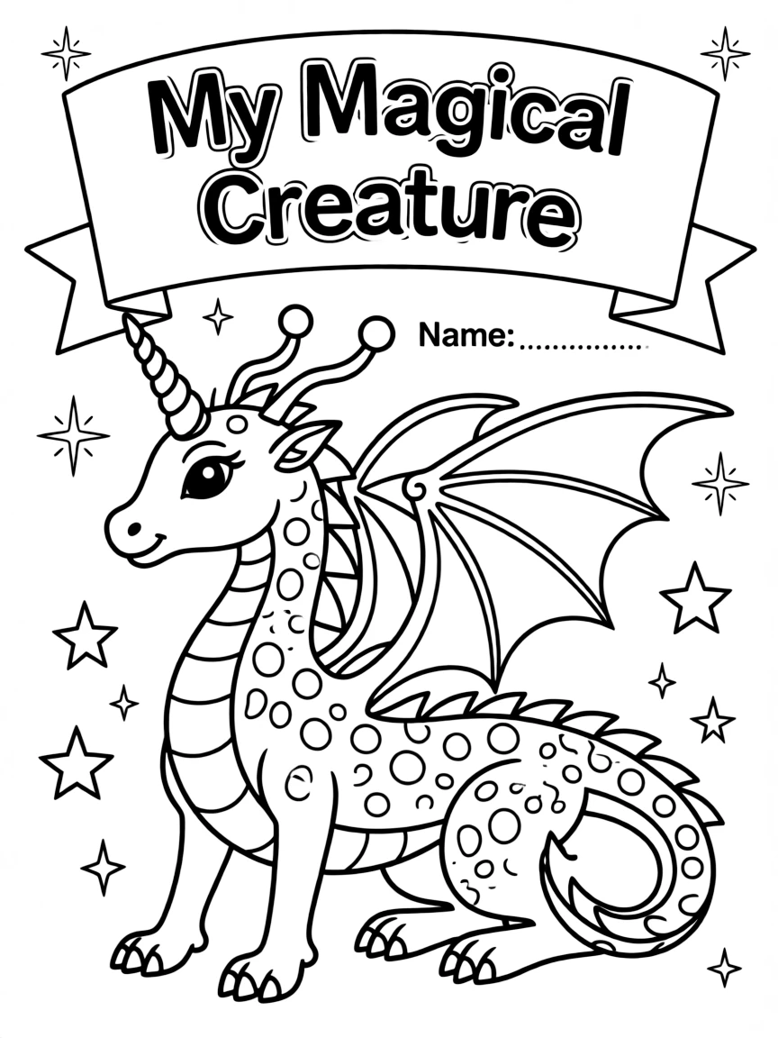 "My Magical Creature" coloring page. A blank outline of a fantastical creature (dragon, unicorn, alien) with spaces to add details and name. Include stars or glitter. Black and white line art.