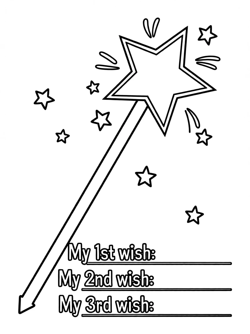 "If I had a magic wand..." coloring page. A blank magic wand with blank spaces below to write three wishes. Include sparkles and stars. Black and white line art.