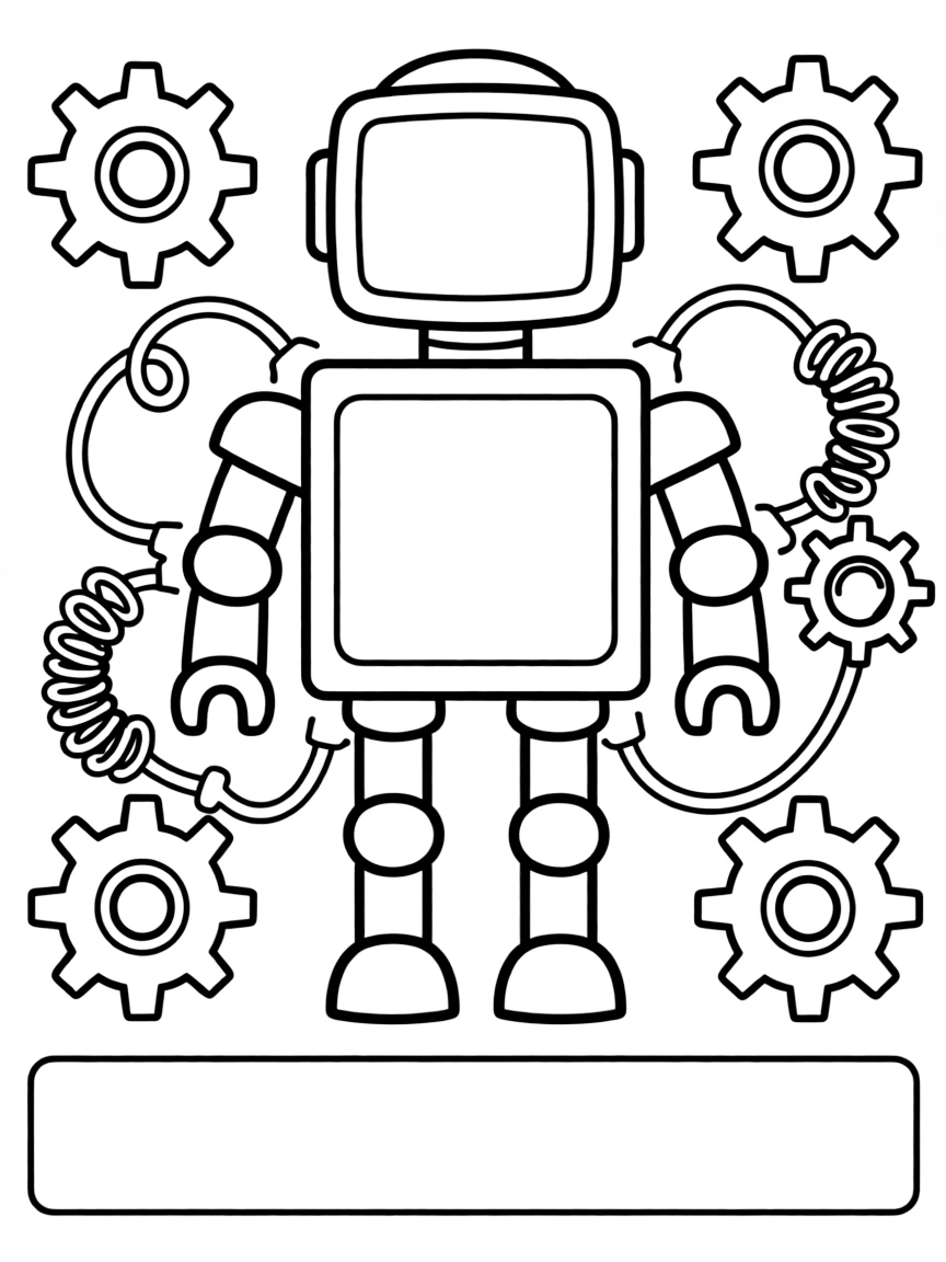 "Invent your own robot" coloring page. A blank robot body with spaces for drawing features and writing its purpose. Include gears and wires. Black and white line art.
