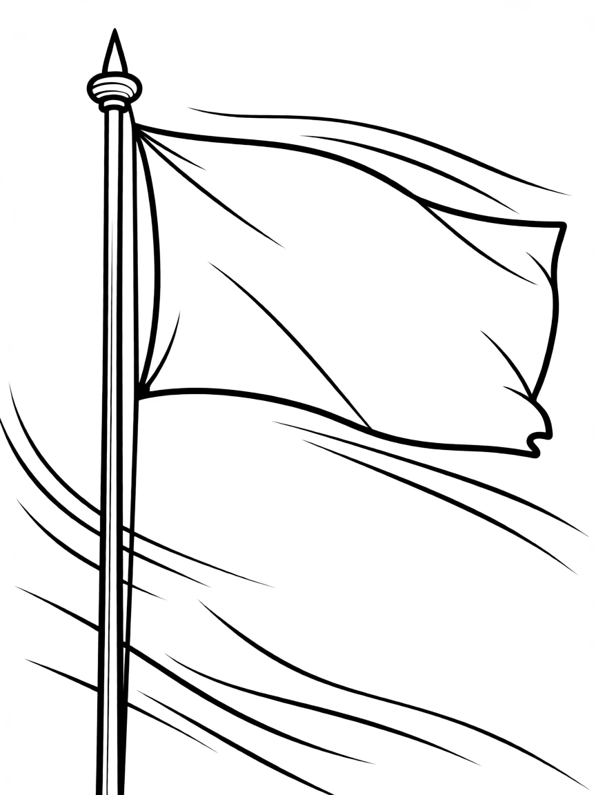 "My personal flag" coloring page. A blank flag pole with a large rectangular flag for designing their own symbol and colors. Include wind lines. Black and white line art.