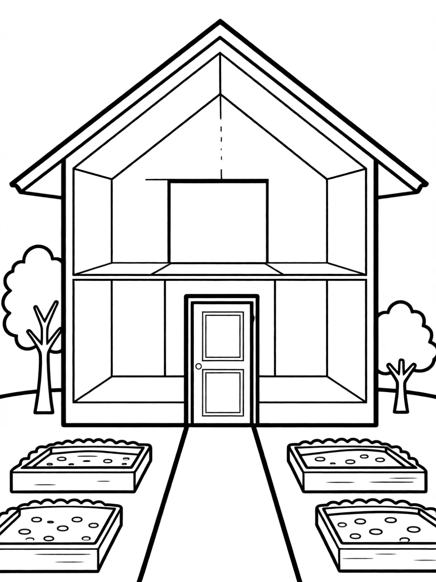 "Design your dream house" coloring page. A blank house outline with empty rooms for drawing furniture and activities. Include a garden. Black and white line art.