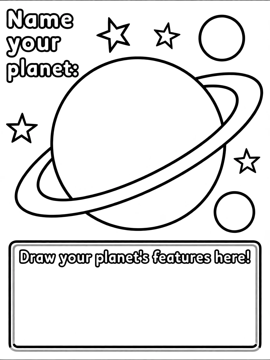 "Create your own planet" coloring page. A blank planet outline with rings or moons, and spaces to draw features and name it. Include stars. Black and white line art.