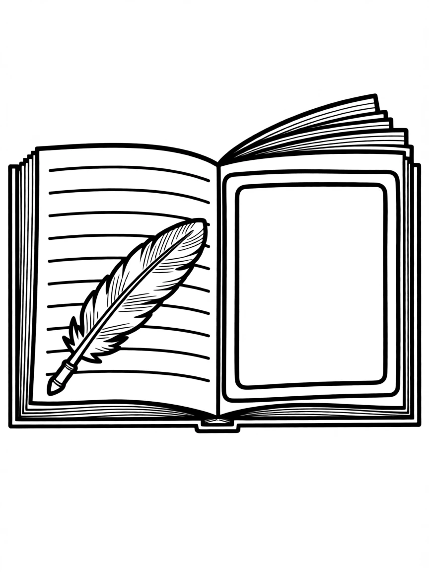 "My favorite story character" coloring page. A blank book with a large frame on the page to draw a character and write about them. Include a quill. Black and white line art.
