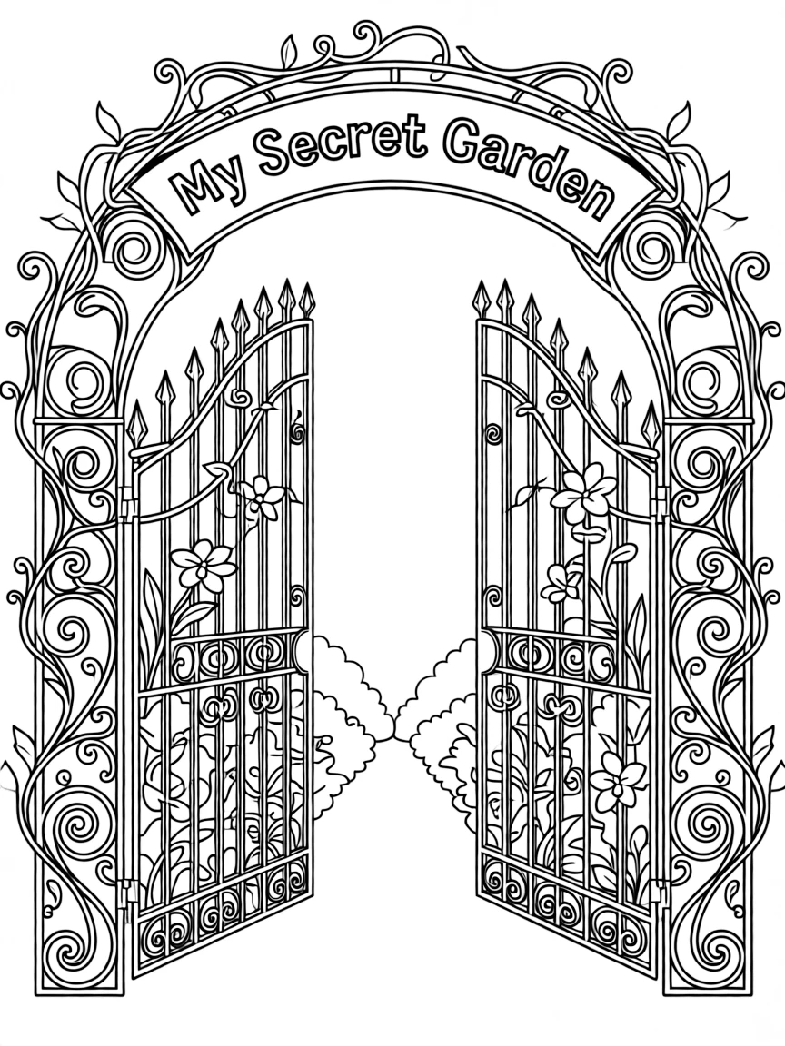 "My secret garden" coloring page. A blank gate leading into a garden, with spaces to draw plants, creatures, and secrets. Include vines. Black and white line art.