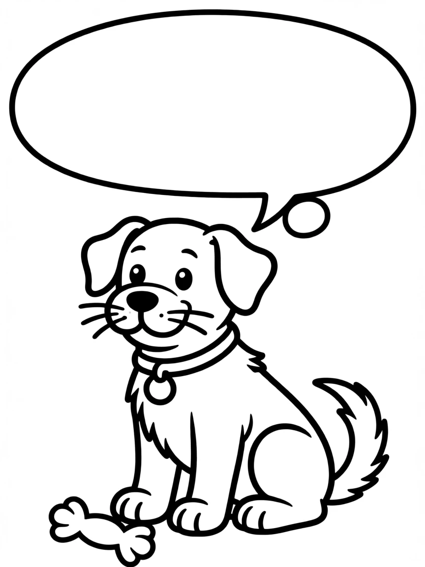 "If my pet could talk..." coloring page. An outline of a pet (or a generic animal) with a large blank speech bubble to write what it would say. Include paws or whiskers. Black and white line art.