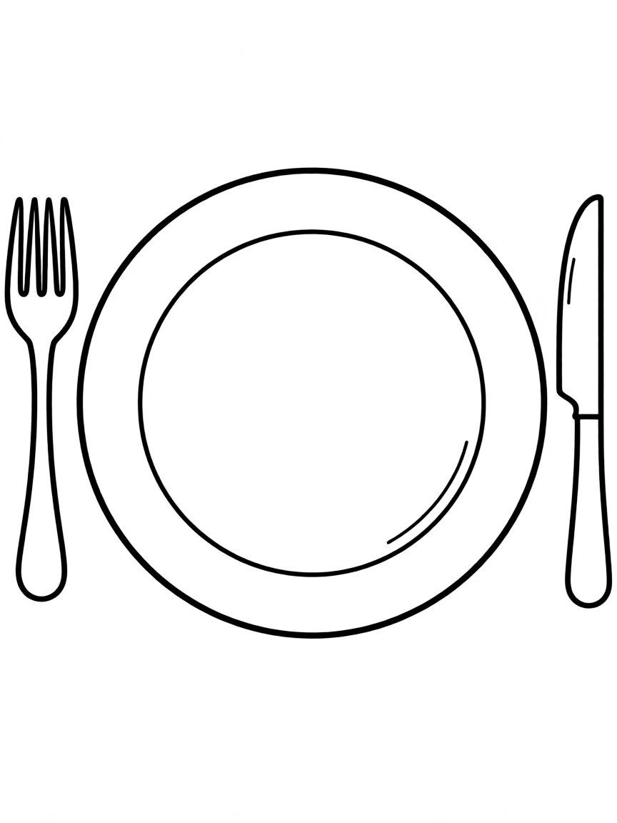 "My perfect meal" coloring page. A blank plate with spaces to draw and write about their favorite foods. Include cutlery. Black and white line art.
