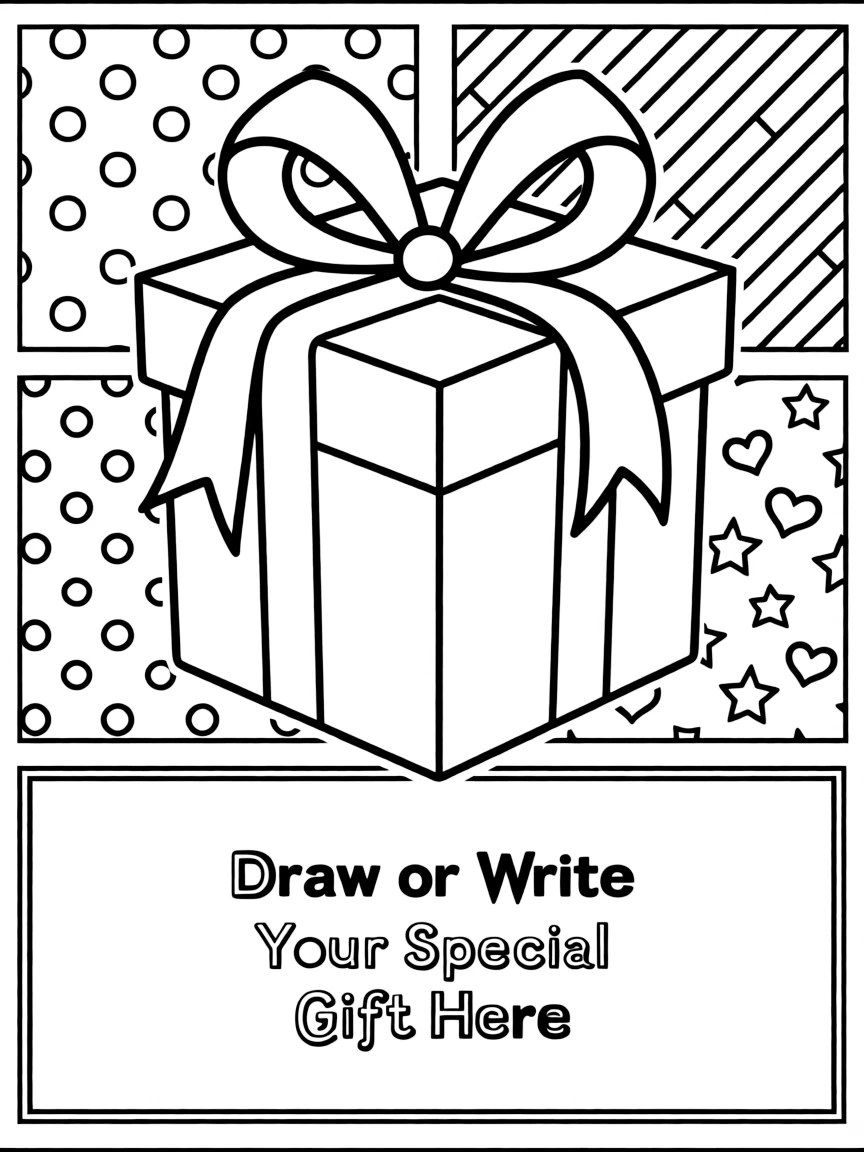 "The best gift I could give" coloring page. A blank gift box with a bow, and spaces to draw or write about a special gift. Include wrapping paper patterns. Black and white line art.