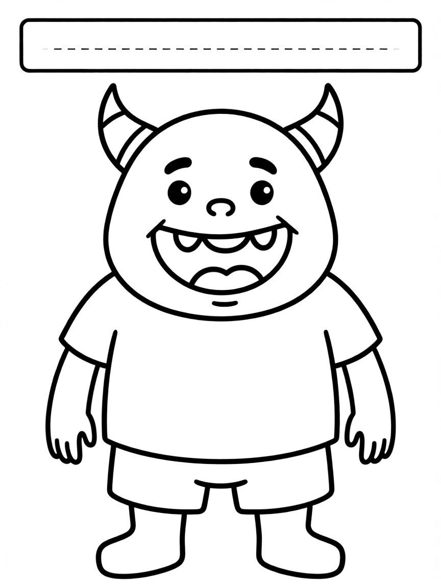 "My own silly monster" coloring page. A blank monster outline with spaces to add eyes, horns, and a name. Include a silly expression. Black and white line art.
