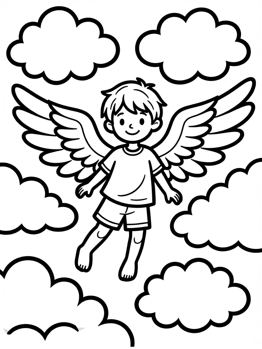 "If I could fly..." coloring page. A child floating with wings, with blank spaces to describe where they would go and what they would see. Include clouds. Black and white line art.