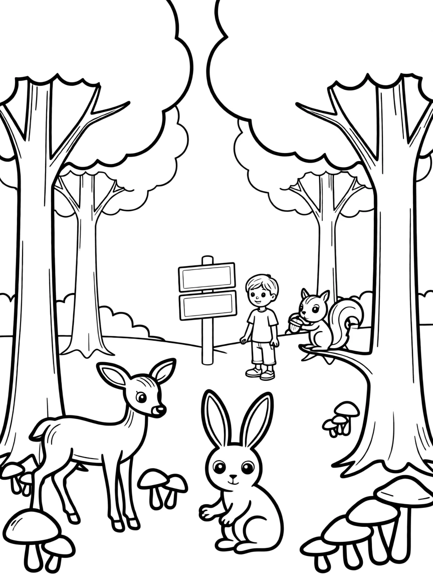 "A day in the forest" coloring page. A forest scene with blank trees, animals, and spaces to describe what they would do there. Include mushrooms. Black and white line art.