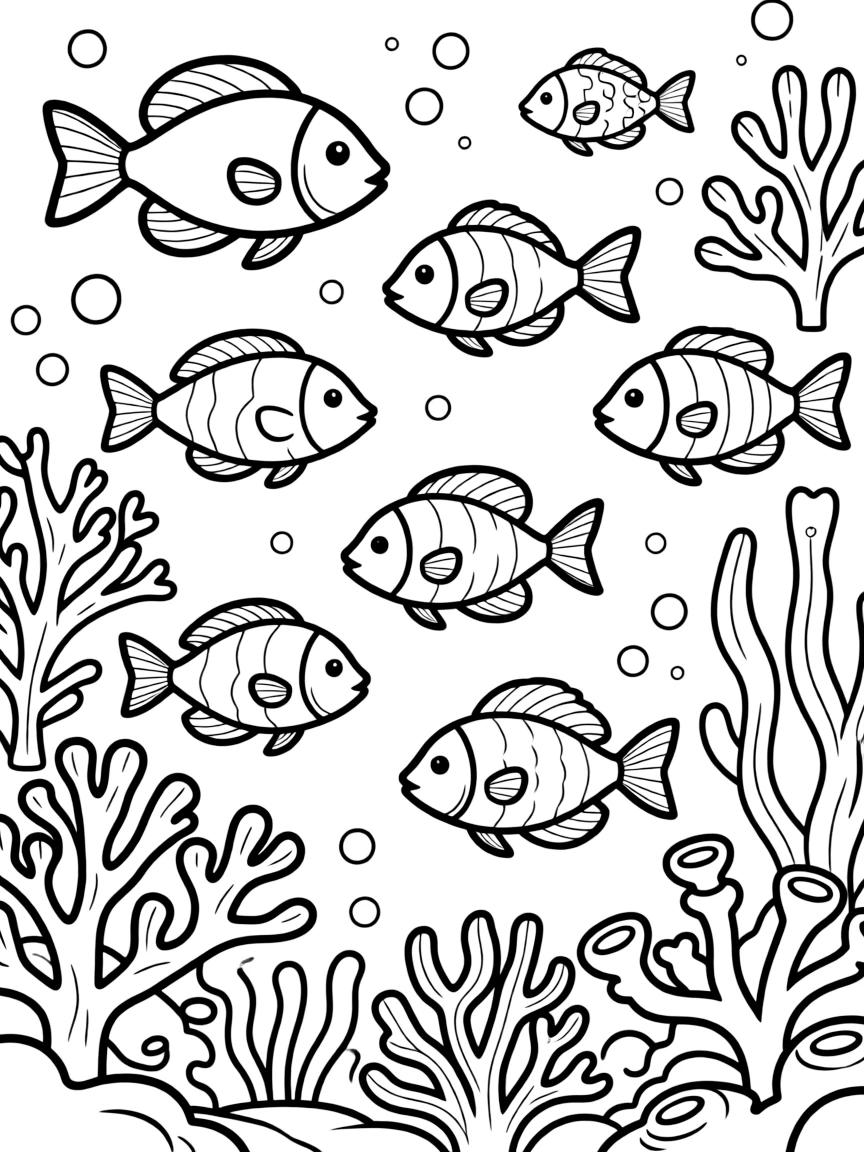 "Under the sea adventure" coloring page. An underwater scene with blank fish, coral, and spaces to imagine sea creatures. Include bubbles. Black and white line art.