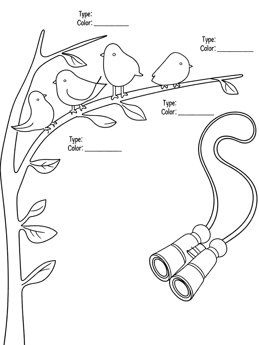 "Bird watching" coloring page. A tree branch with blank birds, and spaces to identify types or colors of birds they see. Include binoculars. Black and white line art.