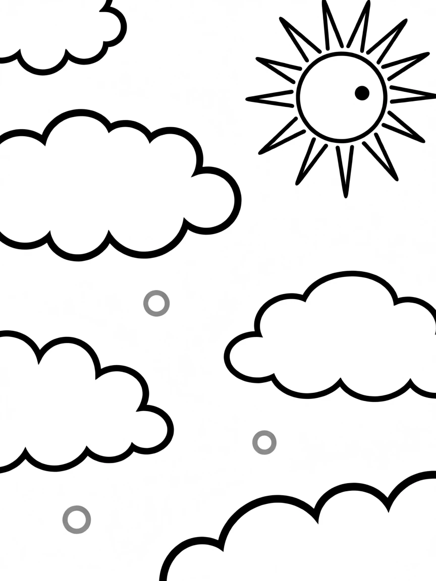 "Cloud gazing" coloring page. A blank sky with large cloud shapes, and spaces to draw what shapes they see in the clouds. Include a sun. Black and white line art.