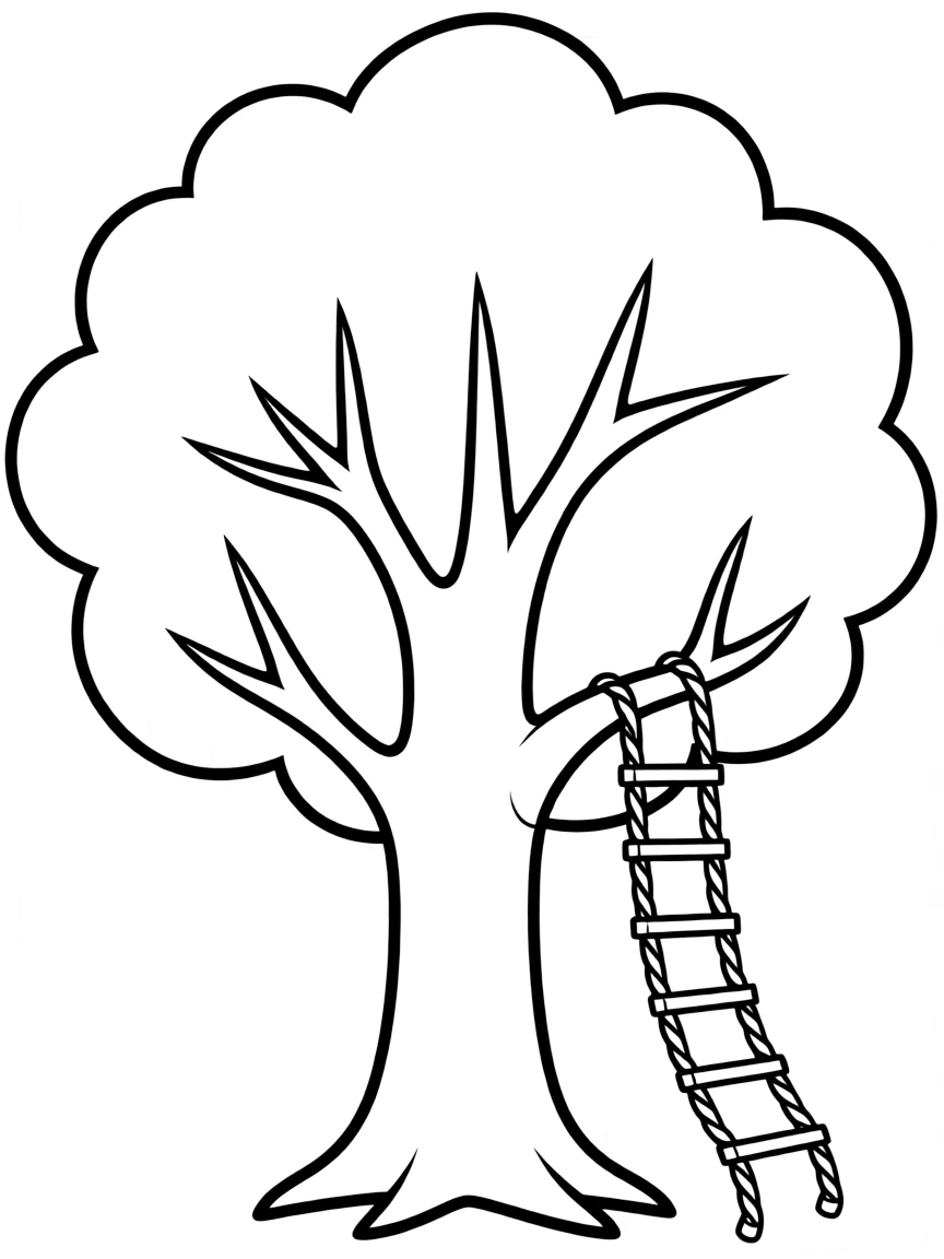 "My dream treehouse" coloring page. A blank tree outline with spaces to design and draw a treehouse. Include rope ladder. Black and white line art.