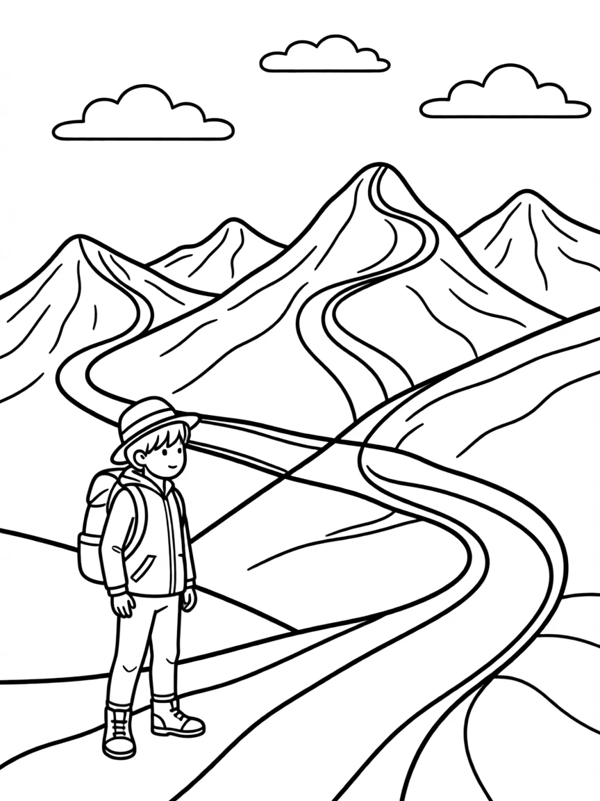 "Exploring the mountains" coloring page. A mountain range with blank trails or peaks, and spaces to draw or write about an adventure. Include an explorer. Black and white line art.