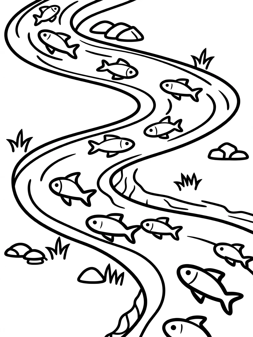 "The river's journey" coloring page. A winding river with blank banks, and spaces to draw animals or plants found along the river. Include fish. Black and white line art.