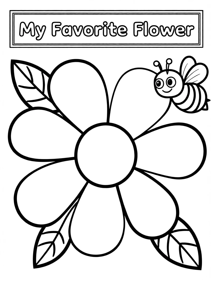 "My favorite flower" coloring page. A large blank flower outline with spaces to draw petals, leaves, and name it. Include a bee. Black and white line art.