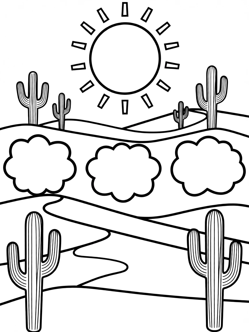 "Life in the desert" coloring page. A desert scene with blank cacti, sand dunes, and spaces to draw desert animals. Include a sun. Black and white line art.