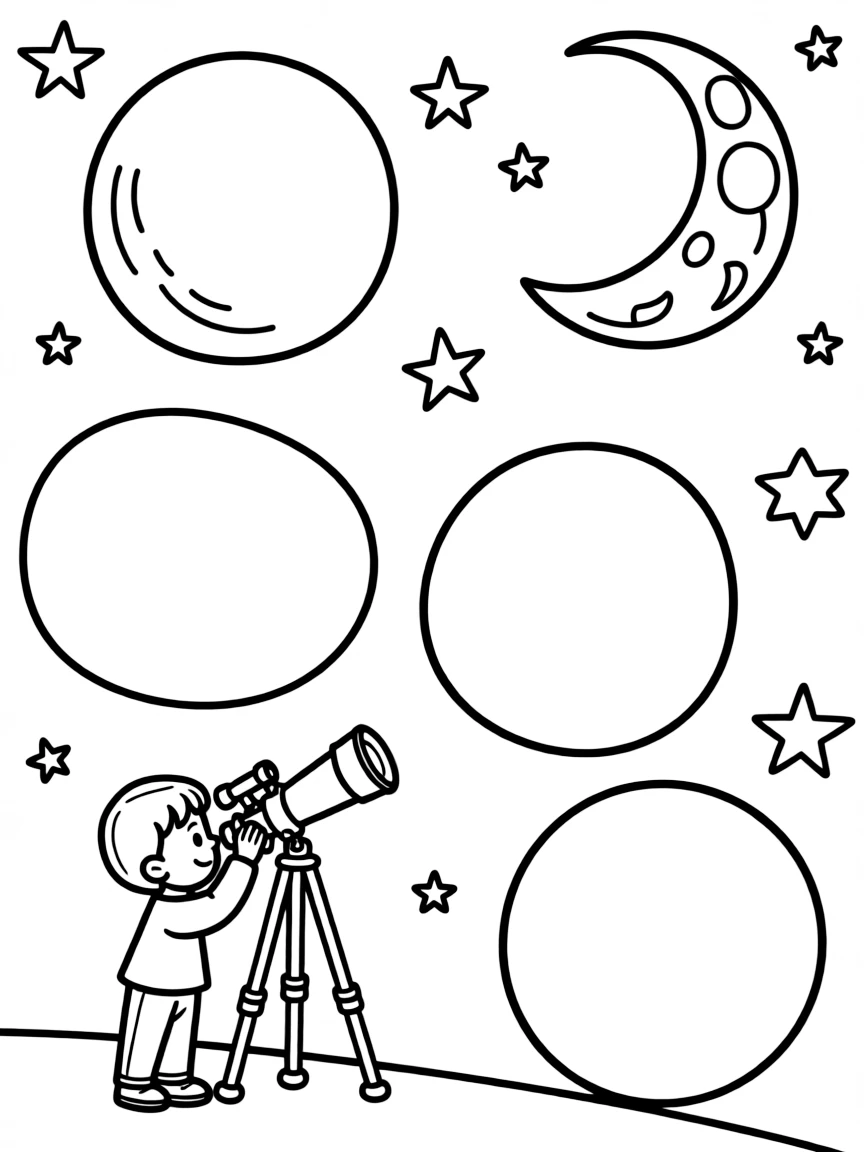 "The night sky" coloring page. A blank night sky with stars, moon, and spaces to draw constellations or planets. Include a telescope. Black and white line art.