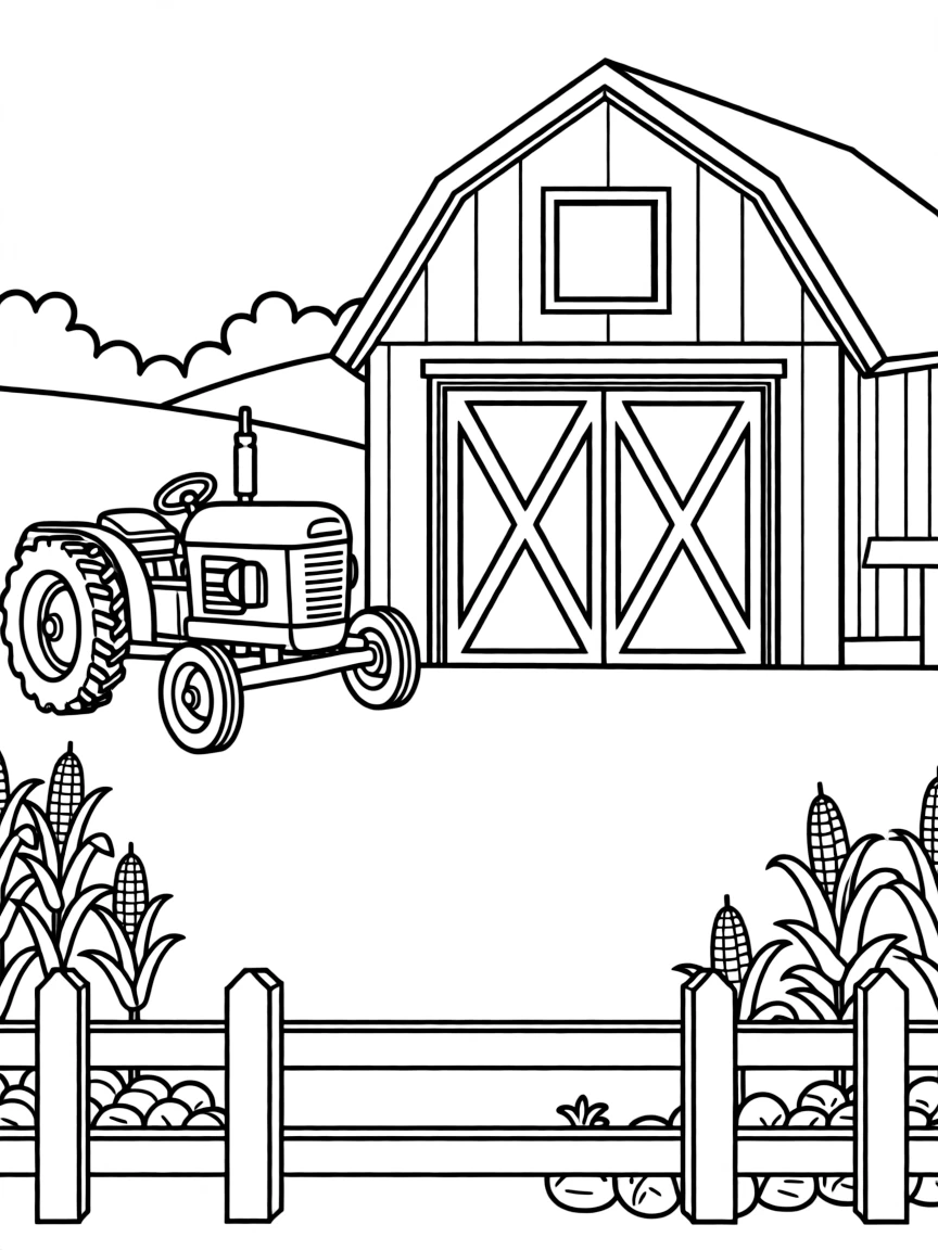 "My dream farm" coloring page. A blank farm scene with barn, fence, and spaces to draw animals and crops. Include a tractor. Black and white line art.