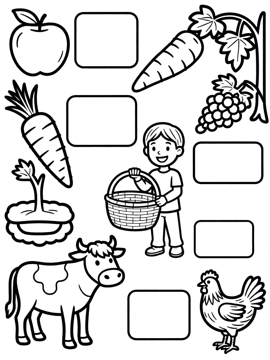 "Where does food come from?" coloring page. Outlines of fruits, vegetables, or farm animals, with blank spaces to draw how they grow. Include a basket. Black and white line art.