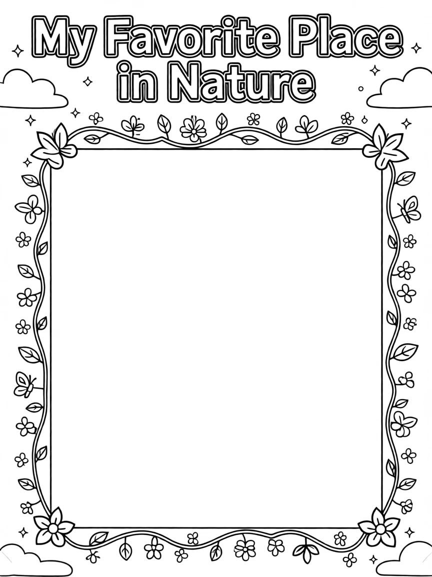 "My favorite place in nature" coloring page. A large blank frame with nature-themed borders, and spaces to draw or write about a favorite natural spot. Black and white line art.