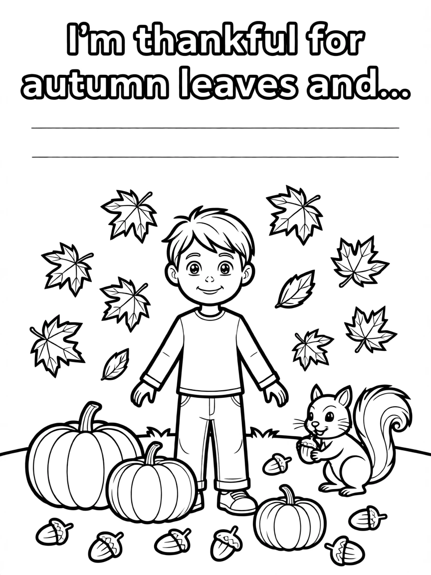 Hand-drawn **Autumn** gratitude coloring page with "I'm thankful for autumn leaves and..." text and blank lines. Include pumpkins, acorns, squirrels. Black and white line art.