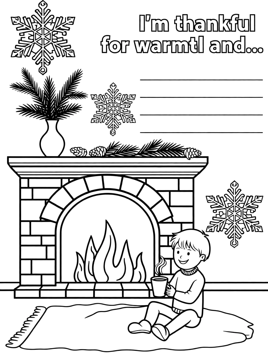 **Winter** gratitude coloring page. A cozy scene with fireplace, "I'm thankful for warmth and..." text and blank lines. Include snowflakes, hot cocoa. Black and white line art.