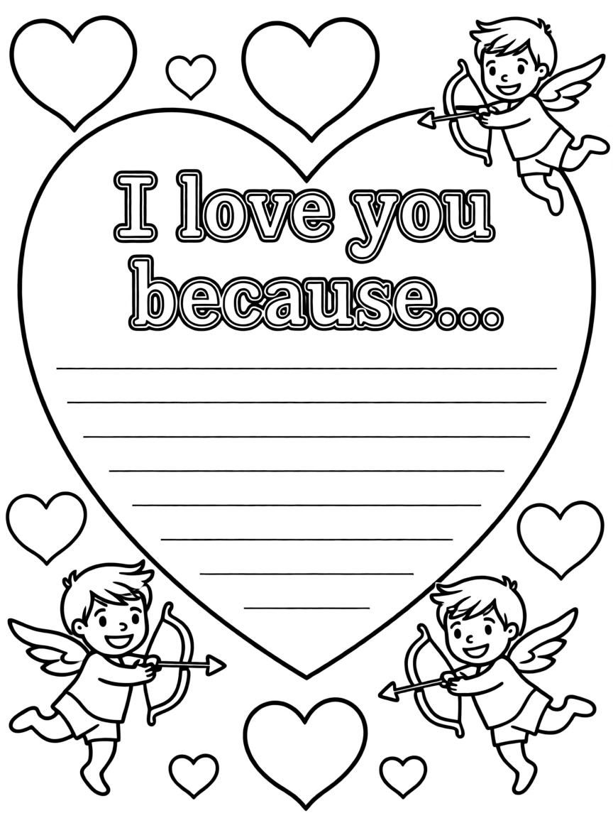 **Valentine's Day** gratitude coloring page. A big heart with "I love you because..." text and blank lines. Include smaller hearts, cupids. Black and white line art.
