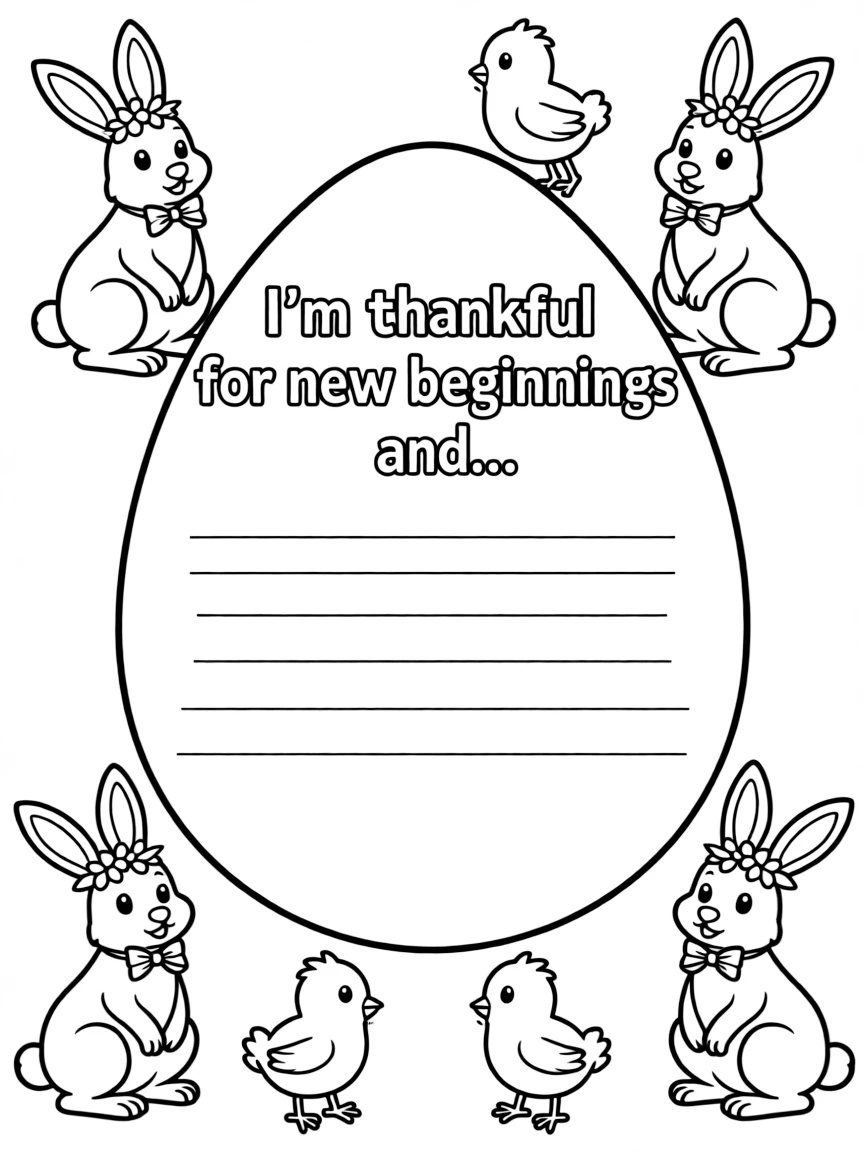**Easter** gratitude coloring page. An Easter egg outline with "I'm thankful for new beginnings and..." text and blank lines. Include bunnies, chicks. Black and white line art.