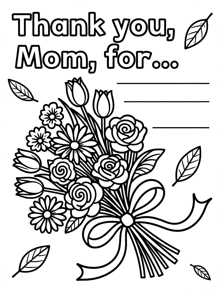 **Mother's Day** gratitude coloring page. A bouquet of flowers with "Thank you, Mom, for..." text and blank lines. Include ribbons, leaves. Black and white line art.