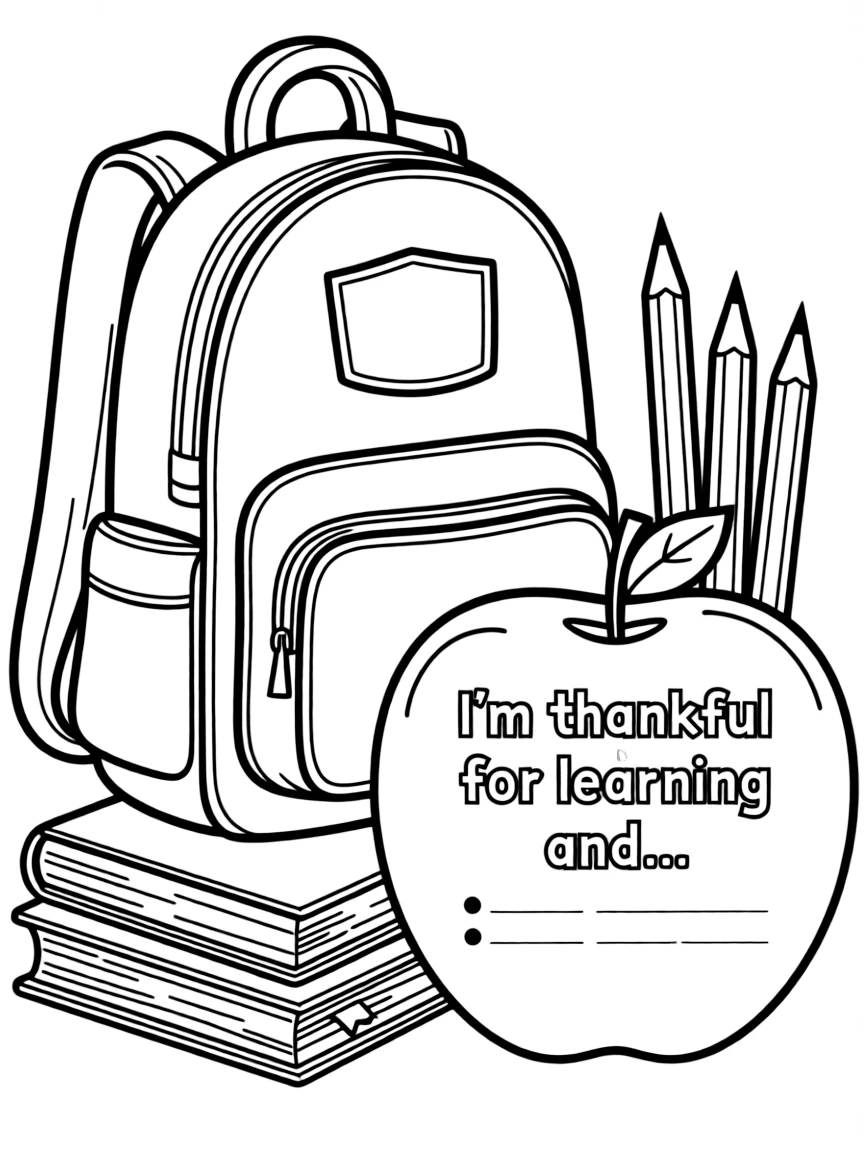 **Back to School** gratitude coloring page. A backpack or apple with "I'm thankful for learning and..." text and blank lines. Include books, pencils. Black and white line art.