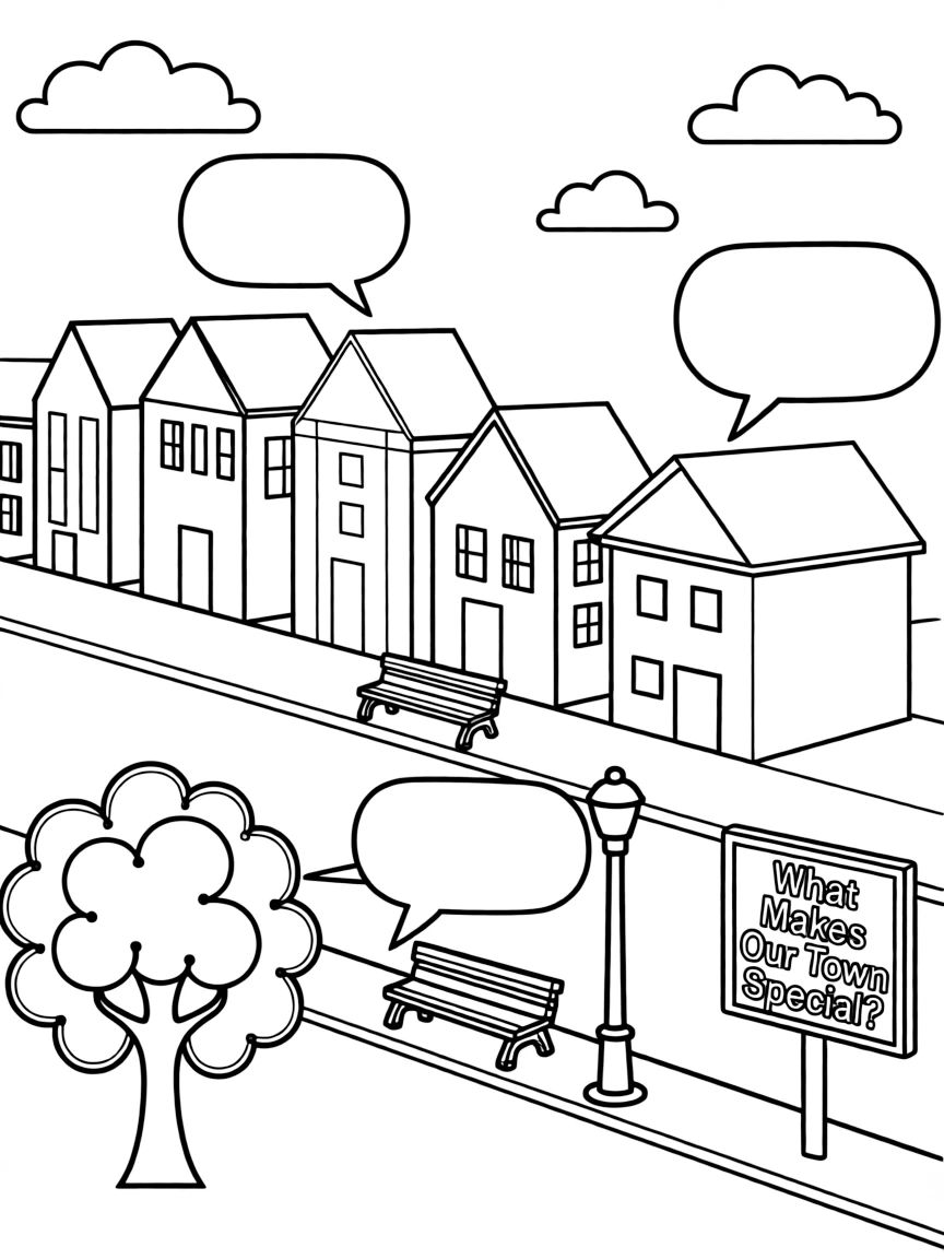 "What makes our town special" coloring page. A simple town scene with blank buildings or landmarks, and spaces to draw or write about unique features. Black and white line art.