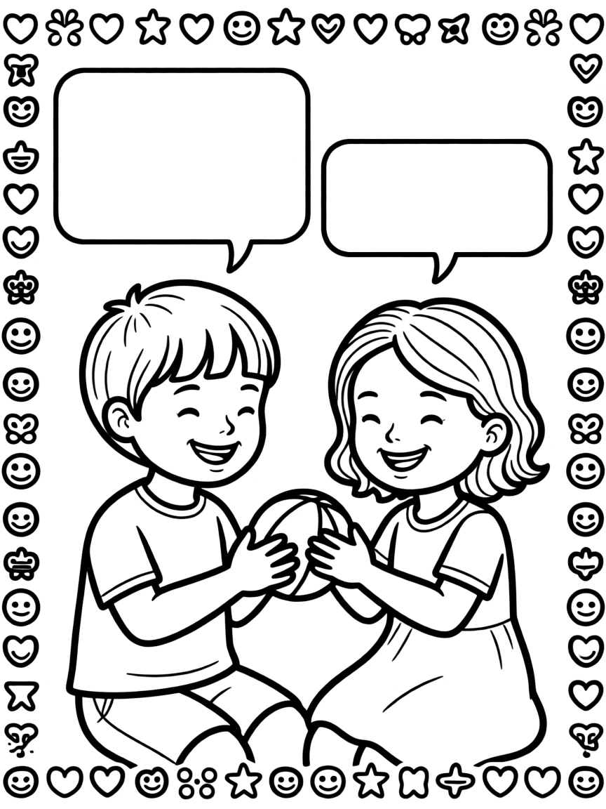 "Sharing is caring" coloring page. Two children sharing a toy or food, with blank speech bubbles or lines for what they share. Include a friendly border. Black and white line art.