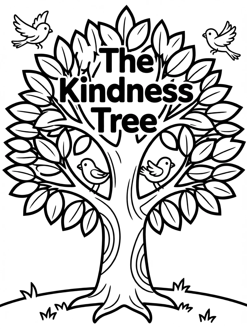 "The kindness tree" coloring page. A tree with blank leaves, each leaf a space for an act of kindness they've seen or done. Include birds. Black and white line art.