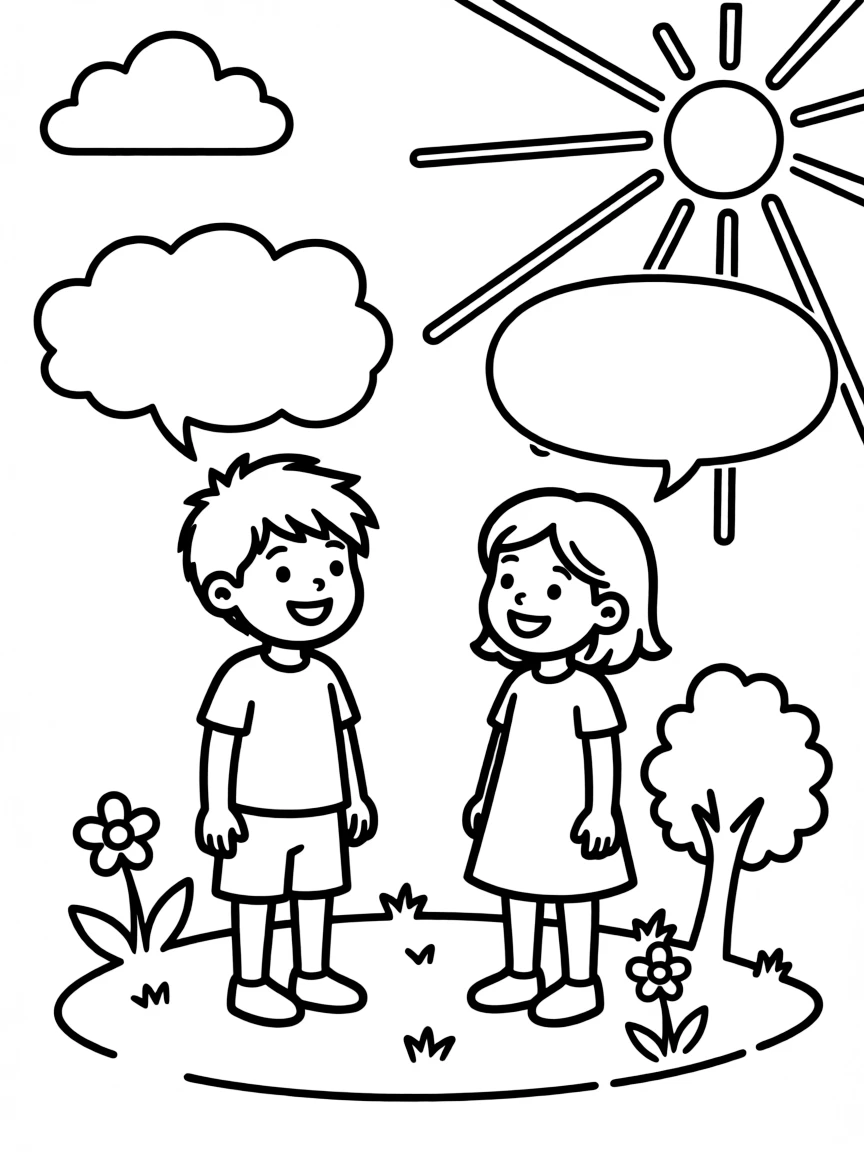 "Making new friends" coloring page. Two new friends meeting, with blank speech bubbles to introduce themselves or say something kind. Include a happy setting. Black and white line art.