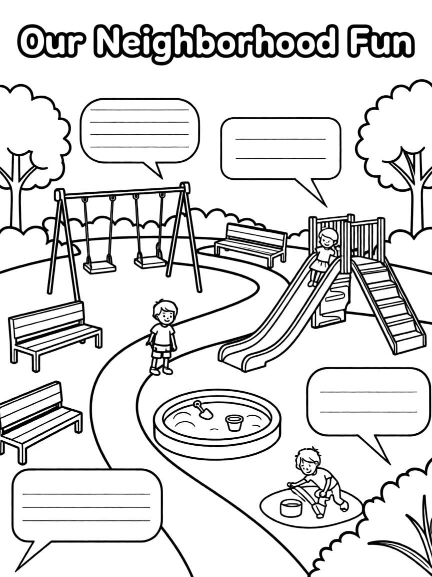 "Our neighborhood fun" coloring page. A park scene with blank equipment (e.g., swing, slide) and spaces to write about neighborhood activities. Black and white line art.