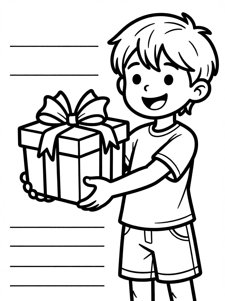"Giving back to others" coloring page. A simple gift box being given, with blank lines for ways they can give back. Include a ribbon. Black and white line art.