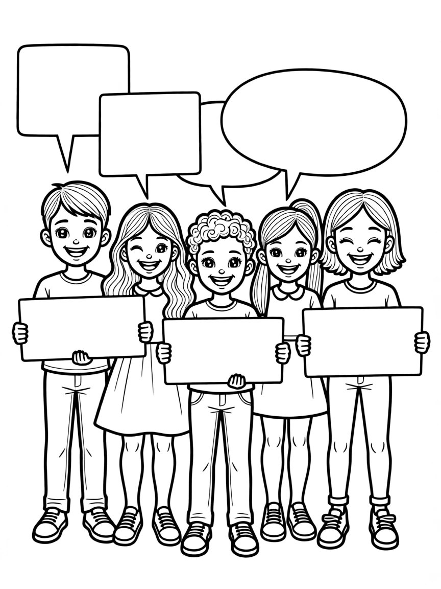 "Celebrating differences" coloring page. A group of diverse children or shapes, each with a blank space for what makes them unique and special. Black and white line art.