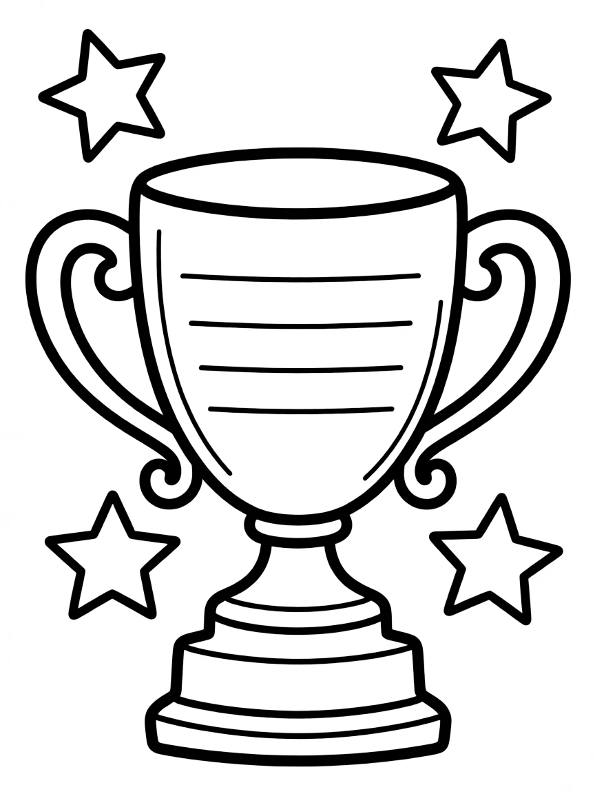 "Things I'm good at" coloring page. A trophy or medal outline with blank lines for skills and talents. Include stars. Black and white line art.