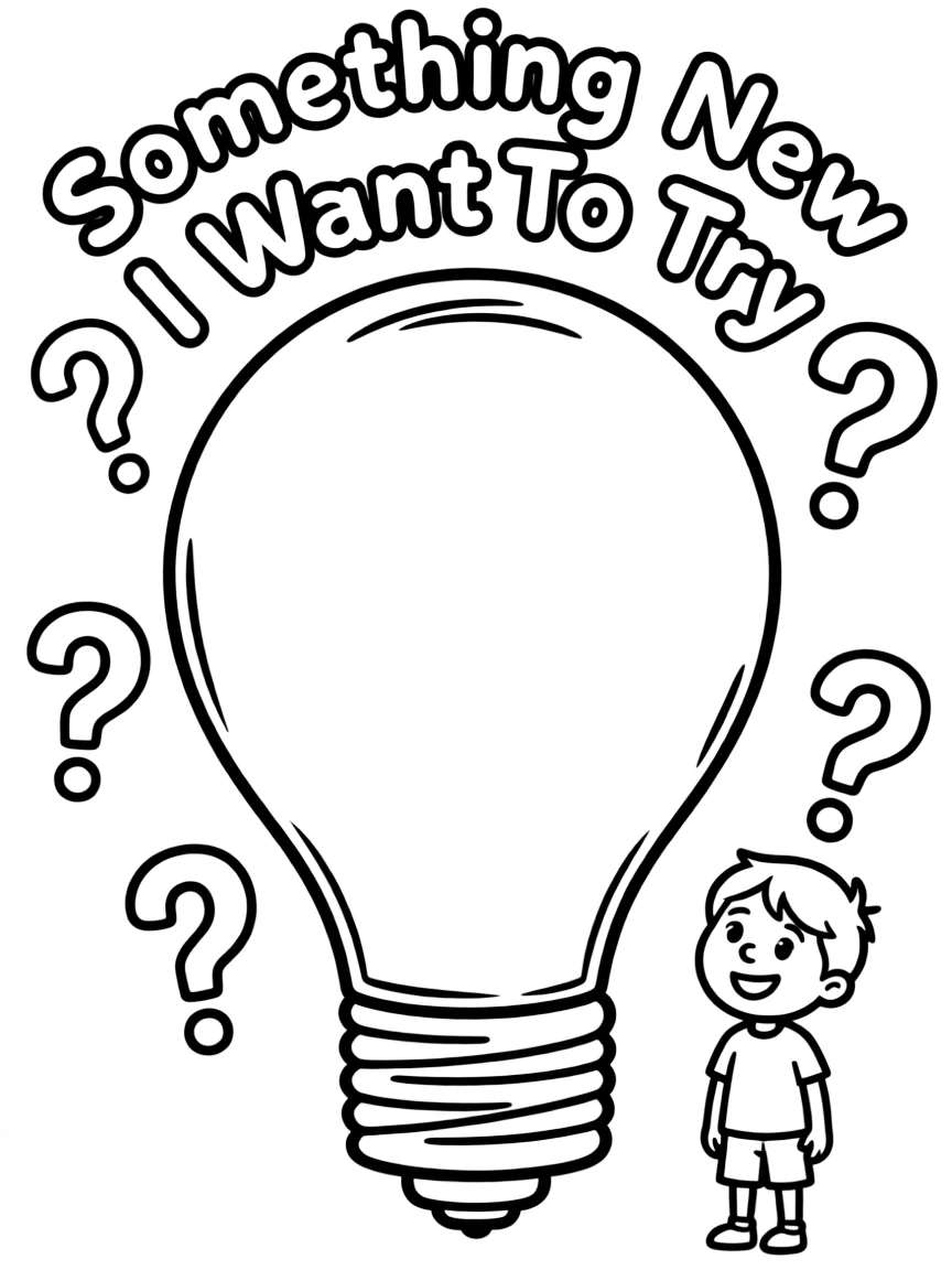 "Something new I want to try" coloring page. A blank 'idea' lightbulb with spaces to write about new experiences. Include question marks. Black and white line art.