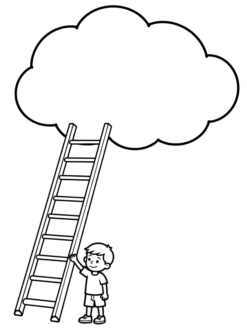"My biggest dream" coloring page. A cloud with a blank space inside for a big dream. Include a ladder reaching to it. Black and white line art.