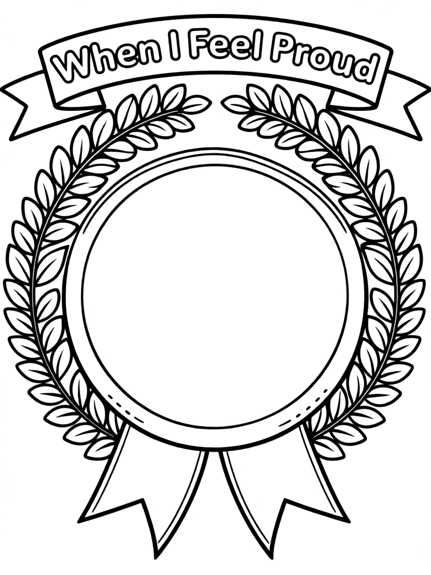 "When I feel proud" coloring page. A blank ribbon or certificate with spaces to describe proud moments. Include a laurel wreath. Black and white line art.