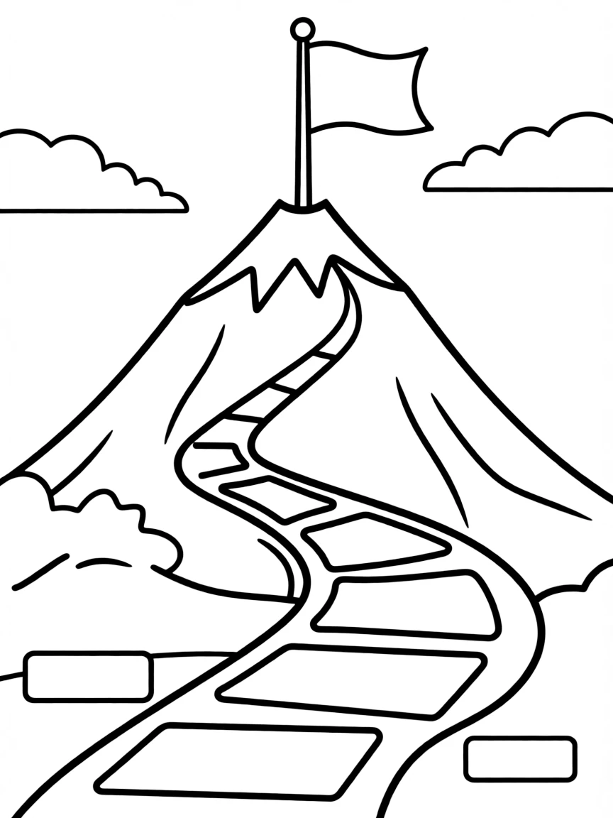 "Challenges I've overcome" coloring page. A mountain peak with a flag, and blank spaces to write about challenges conquered. Include a path. Black and white line art.