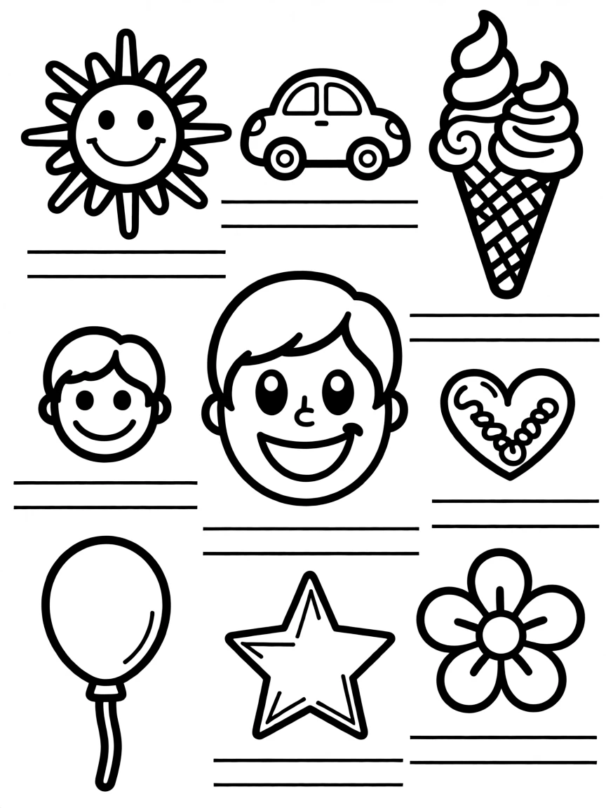 "What makes me smile" coloring page. A collection of happy icons (e.g., sun, ice cream, toy) with blank lines for personalization. Include a smiling face. Black and white line art.
